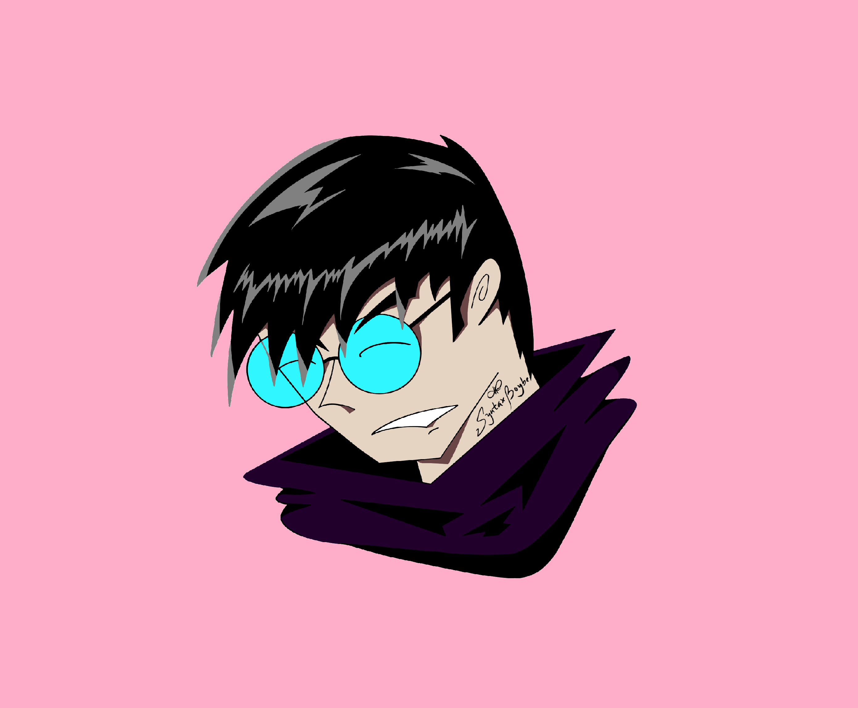 syntaxboybe smiling in a violet suit and wearing a neon blue circle glasses